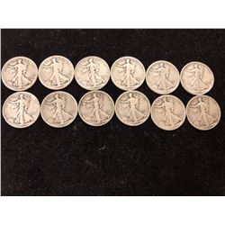 12 Silver Walking Liberty Half Dollars
