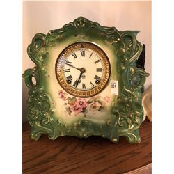 Porcelain Ansonia CT Clock green with flower details