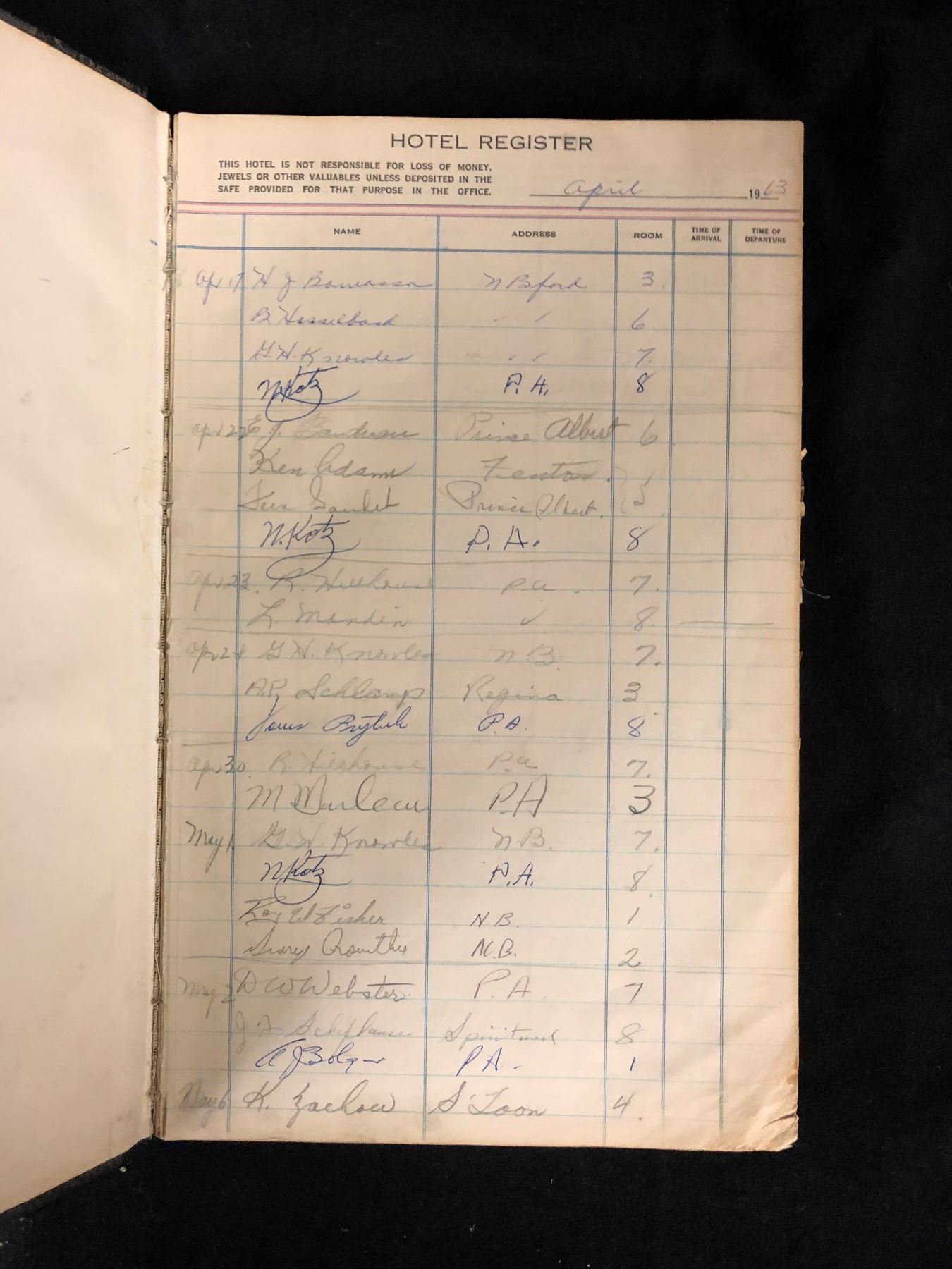 VINTAGE 1963 HOTEL REGISTER BOOK