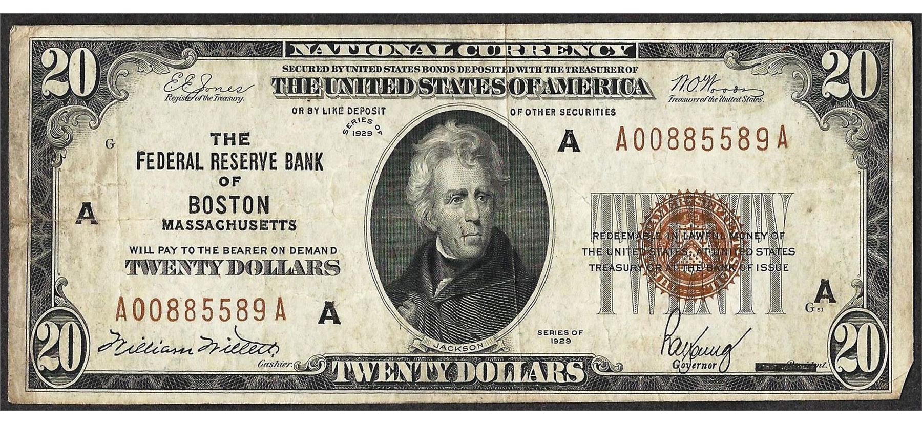 Federal Note 1929 $20 Federal Reserve Bank Note Boston, MA