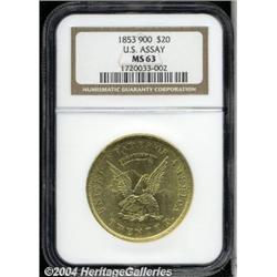 1853[$20] Assay Office Twenty Dollar, 900 Thous. MS63 NGC.
