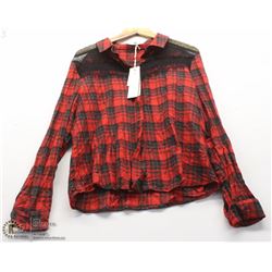 (WOMENS) AAIKO RED PLAID BUTTON-UP TOP WITH SHEAR SHOULDER
