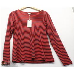 (WOMENS) SIGNAL RED AND NAVY STRIPED TOP SIZE MEDIUM