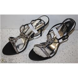 (WOMENS) PAIR OF BLACK OPEN TOE STRAPPY HEELS SIZE 10