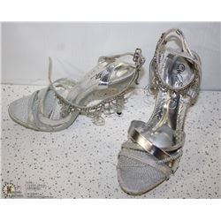 (WOMENS) PAIR OF SILVER OPEN TOE STRAPPY HEELS SIZE 10