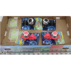 FLAT OF 4 NEW BIKE BELLS & 2 NEW EAR & NOSE PLUG