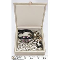 SMALL CHEST OF WATCHES, JEWELRY AND MORE