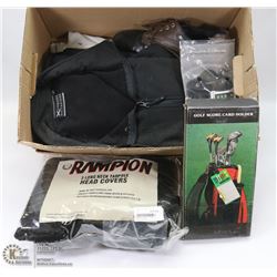 LARGE BOX WITH GOLF MISC. INCL MANY AND MOSTLY NEW