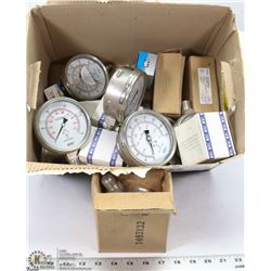 BOX OF NEW AND USED PRESSURE GAUGES