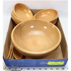 7PC WOOD SALAD BOW SET - JAPANESE STYLE HARDWOOD