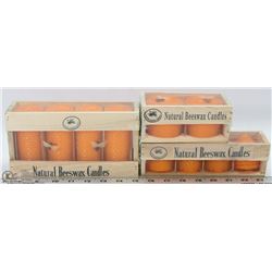 LOT OF NATURAL BEESWAX CANDLES IN WOOD DISPLAYS
