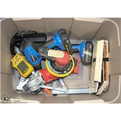 BROWN TOTE WITH ASSORTED POWER TOOLS