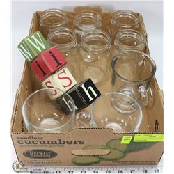 FLAT OF ASSORTED GLASSES INCL MASON JARS