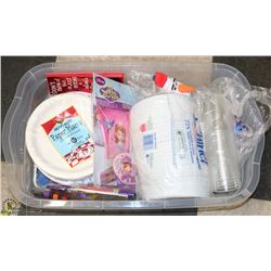 TOTE OF DISPOSABLE CUPS AND PLATES
