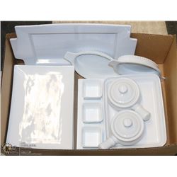 BOX OF WHITE DISHES AND SERVING SETS