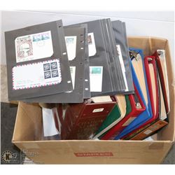 BOX OF 5 BINDERS OF STAMPS, STAMP BOOK AND LOT OF