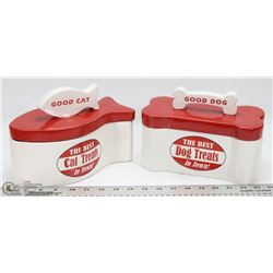 LOT OF 2 CERAMIC DOG & CAT TREAT CONTAINERS.