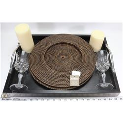 NEW SERVING TRAY, 2 RATAN CHARGERS, 2 WINE GLASSES