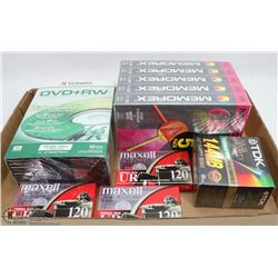 LOT OF NEW  BLANK DISCS:  DVD, CASSETTE,  VHS AND