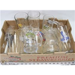 FLAT WITH 11 GLASSES INCL BEER STEINS, BEER LABELS