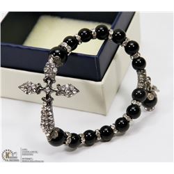 BLACK BEAD & CRYSTAL CROSS BRACELET