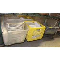 SHELF OF ASSORTED WHITE DINNERWARE & BUS TRAYS