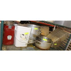 SHELF OF COOKING POTS, INSERTS & VARIOUS LIDS