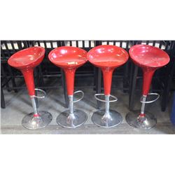 LOT OF 4 RED & SILVER BAR STOOLS WITH FOOT RESTS
