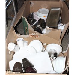 BOX OF ASSORTED CORNING DISHWARE, CAN OPENER,