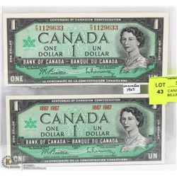LOT OF 2 CANADA 1967 MINT DOLLAR BILLS INCL SERIAL