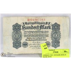 GERMAN 1922 -100 MARK BERLIN  BANK NOTE