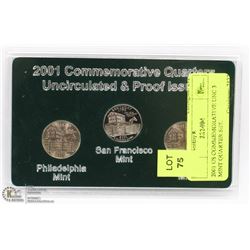 2001 US COMMEMORATIVE UNC 3 MINT QUARTER SET.