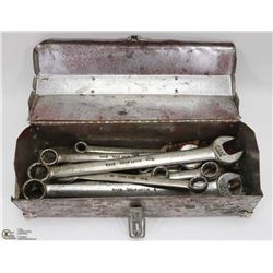 GREY METAL TOOL BOX FILLED WITH GREY TOOL WRENCHES