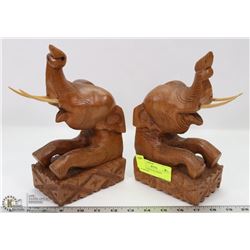 CARVED WOOD ELEPHANT BOOKENDS