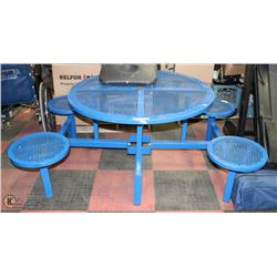 BLUE METAL PATIO TABLE WITH 4 ATTACHED STOOLS