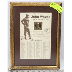 JOHN WAYNE COMMEMORATIVE GOLD EDITION FRAMED MEDAL
