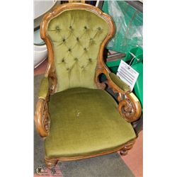 VINTAGE PARLOUR CHAIR WITH ORNATE WOOD CARVING