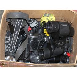 BOX OF ASSORTED BINOCULARS AND HEADLAMPS