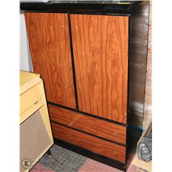 BLACK AND WALNUT HIGHBOY DRESSER WITH LIFT