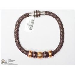 24) STAINLESS STEEL LEATHER BRACELET WITH BEADS