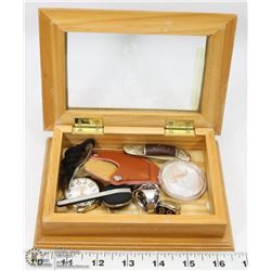 SMALL CHEST OF WATCHES, JEWELRY AND COIN, MORE