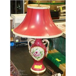 ANTIQUE LAMP WITH RED SHADE