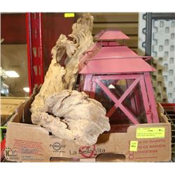 2 METAL RED CANDLE LANTERNS AND LARGE DRIFTWOOD