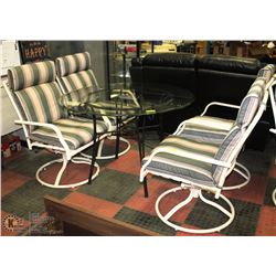 GLASS PATIO TABLE WITH 4 CHAIRS AND PADDED SEATS
