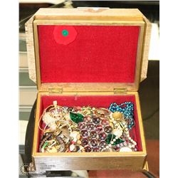 1960'S WOODEN JEWELLERY BOX  WITH CONTENTS