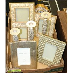 TRAY OF SHOWHOME DECOR INCL CLOCK , FRAMES AND