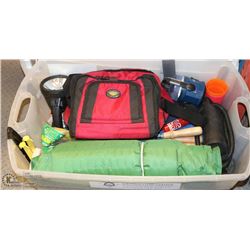 LARGE CLEAR BIN FULL OF CAMPING GEAR