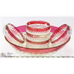 LARGE CRYSTAL & CRANBERRY PLATTER WITH 5 MATCHING