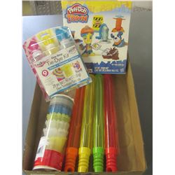 Flat of kids items / 4 large Bubble blowers / Badminton Birdies / tie dye &