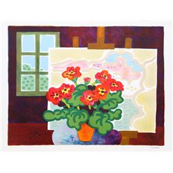 Guy Charon, Red Flowers with Painting, Lithograph